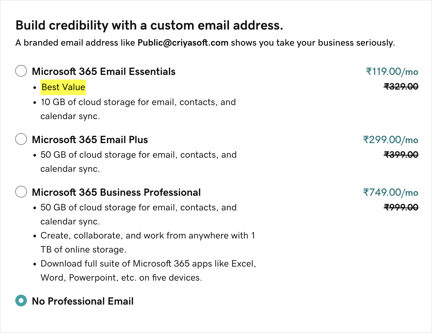 Do not pick professional email with Godaddy