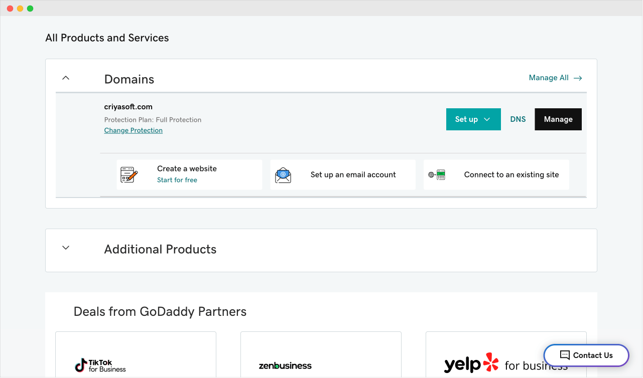 Godaddy dashboard for managing the purchased domain