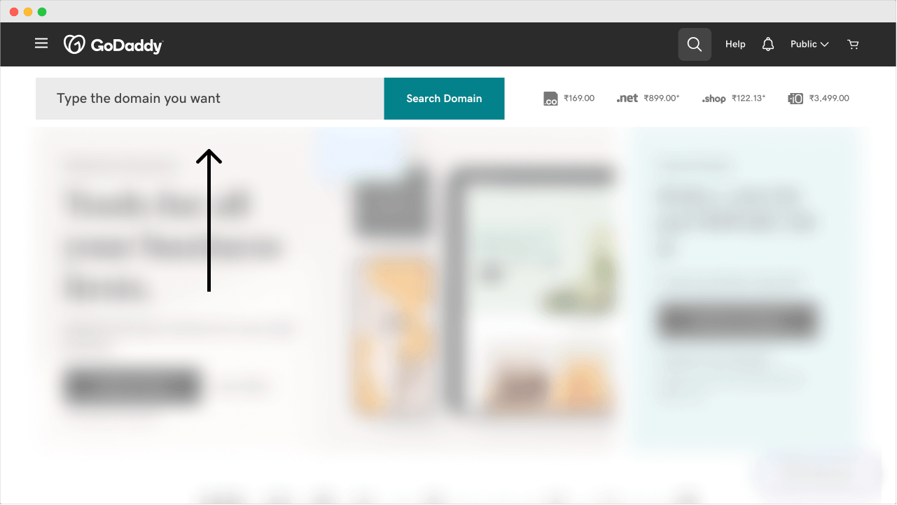 Search for the domain name using the Godaddy's search bar