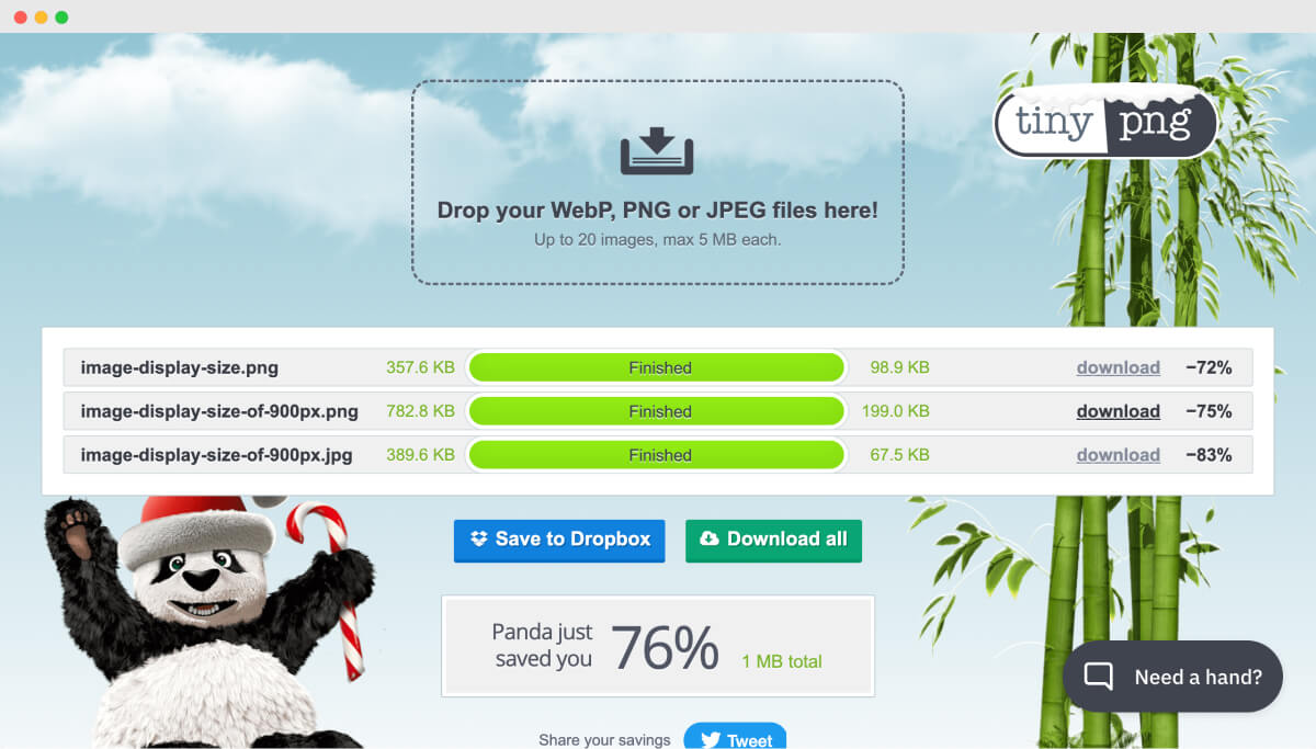 Online image compressor service Tinypng reduced the file sizes by 76%