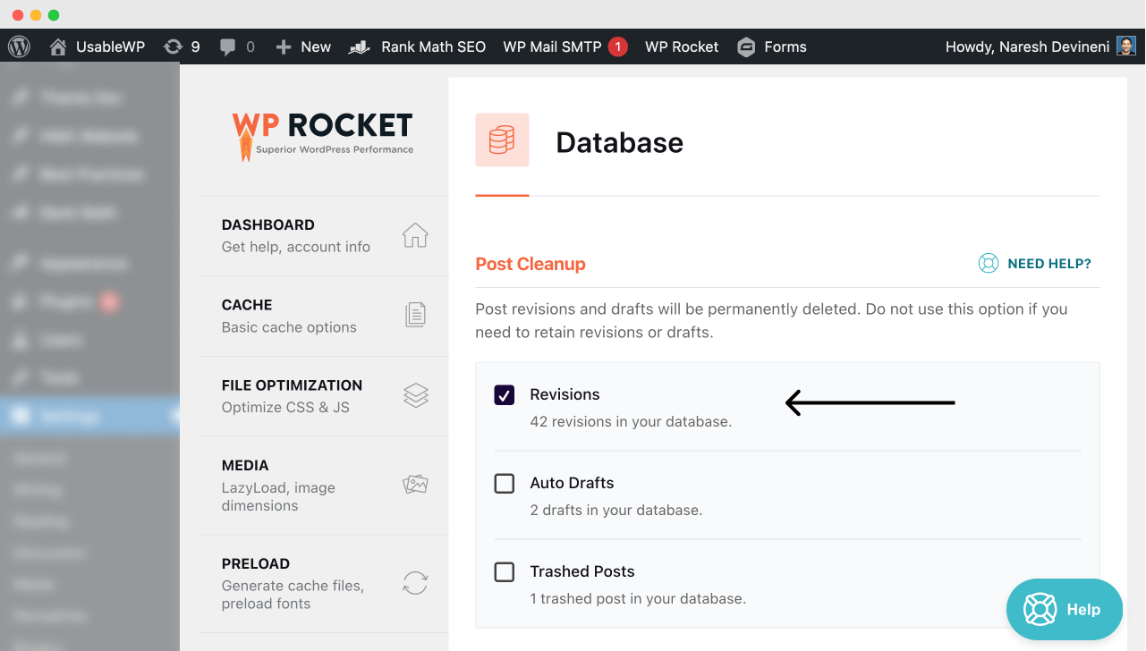 WP Rocket interface for cleaning the post revisions