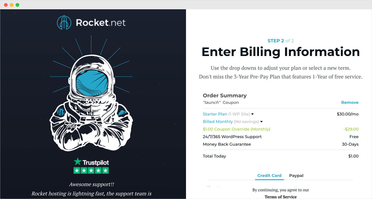 Enter billing information and sign up for Rocket.net