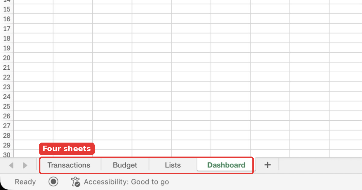 Four sheet tabs at the bottom of the workbook: Transactions, Budget, Lists and Dashboard.