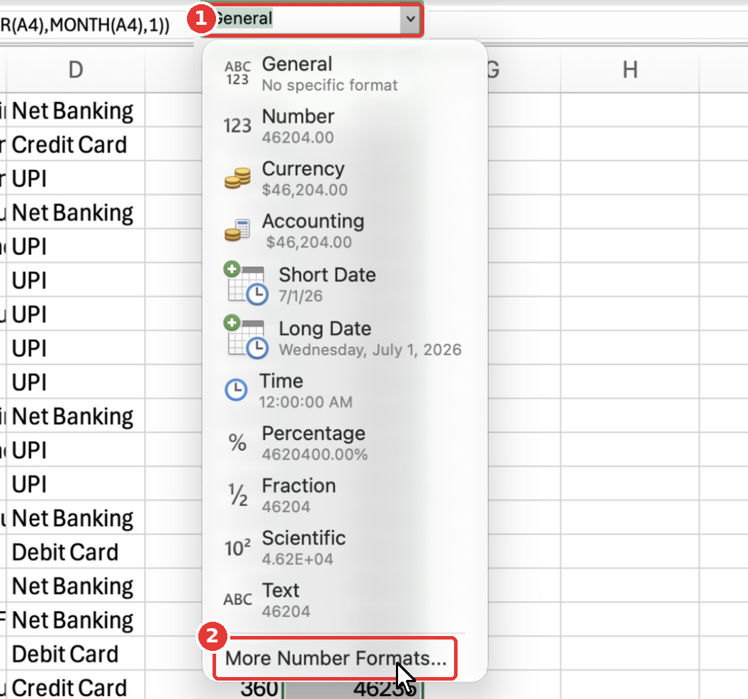 The number format dropdown on the Home tab with More Number Formats at the bottom.