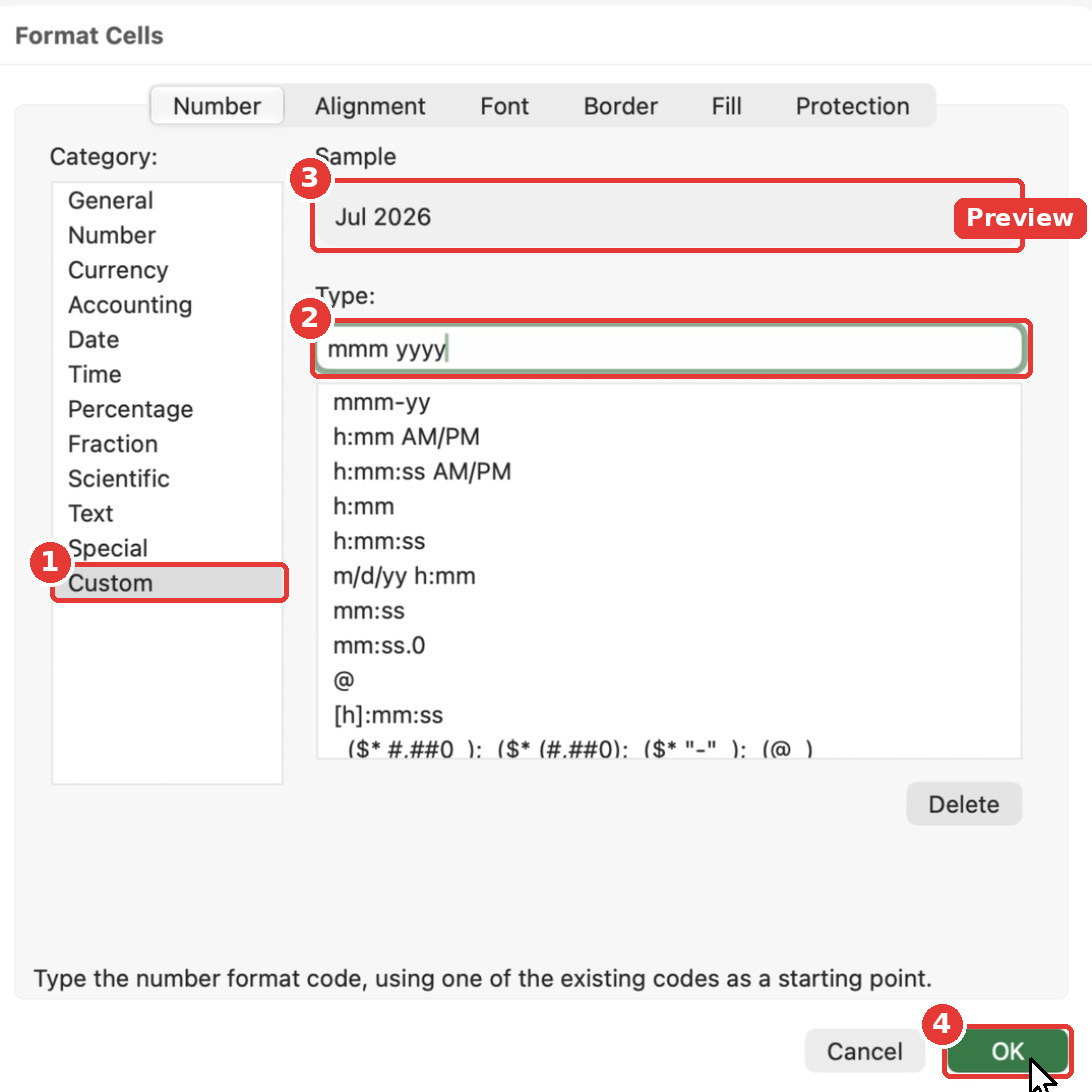 The Format Cells dialog with the Custom category selected and the format code mmm yyyy, previewing Jul 2026.