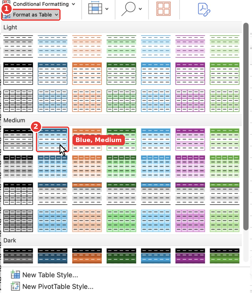 The Format as Table gallery showing Light, Medium and Dark table styles.