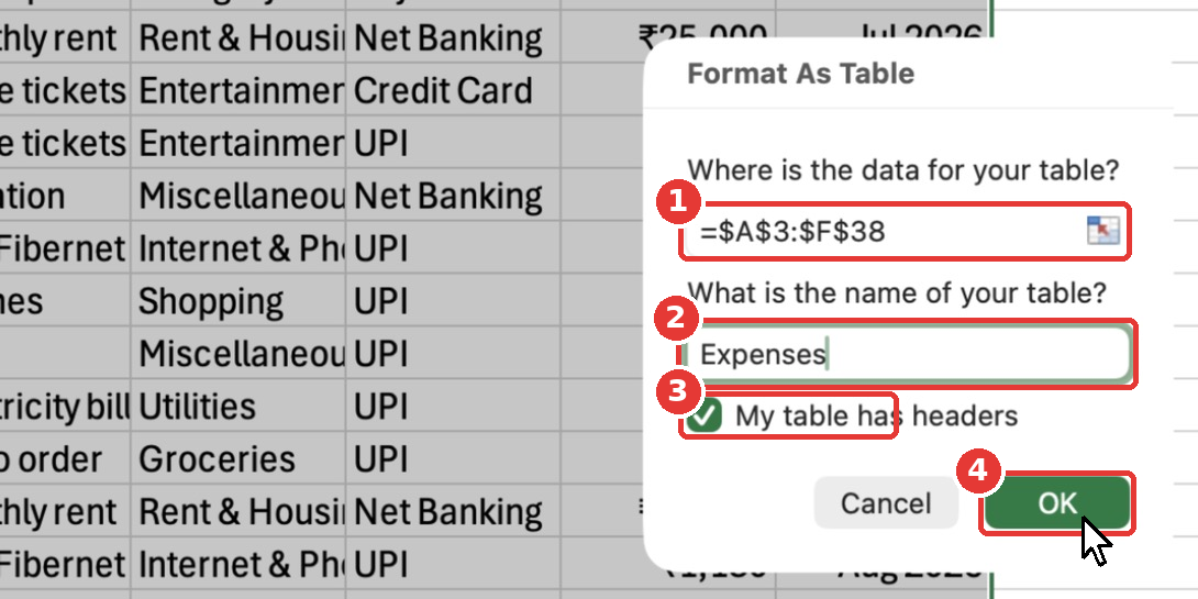 The Format As Table dialog with the range A3 to F38, My table has headers ticked, and the table name Expenses.