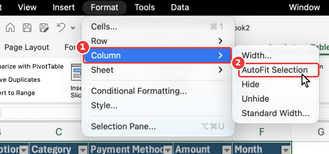 The Format menu on Mac with Column and AutoFit Selection highlighted.