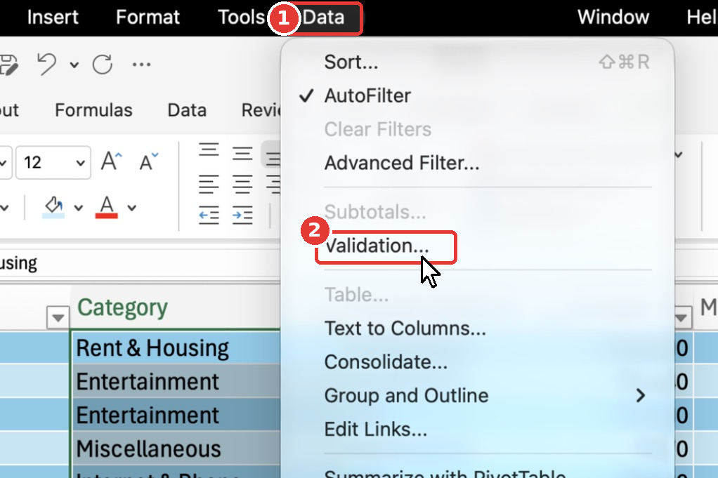 The Data menu on Mac with the Validation option.