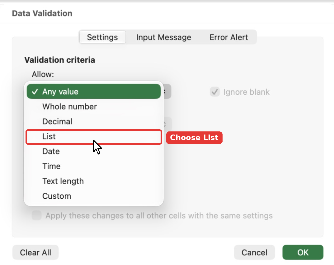 The Allow dropdown in the Data Validation dialog with List as one of the options.
