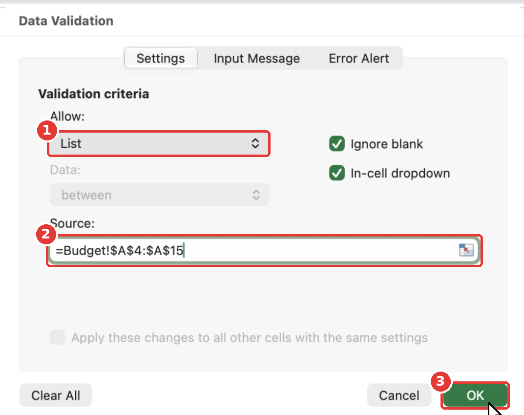 The Data Validation dialog set to List with the source Budget A4 to A15.