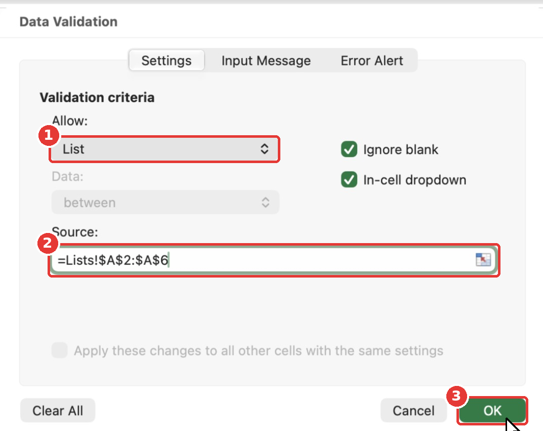 The Data Validation dialog set to List with the source Lists A2 to A6 for payment methods.
