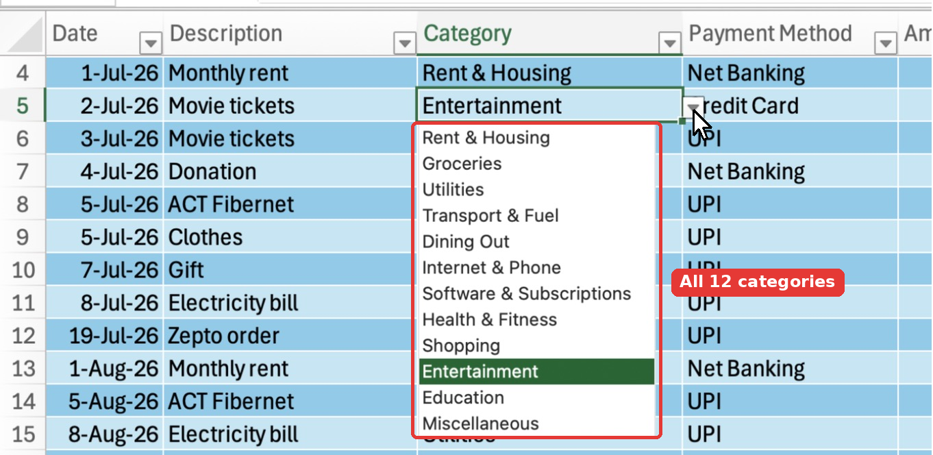 A dropdown in the Category column listing all 12 budget categories.
