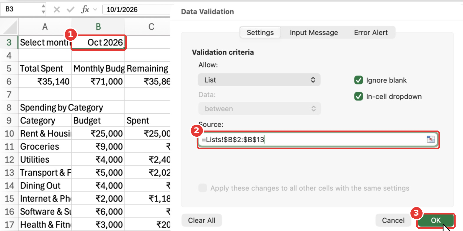 The Data Validation dialog for cell B3 set to List with the source Lists B2 to B13.