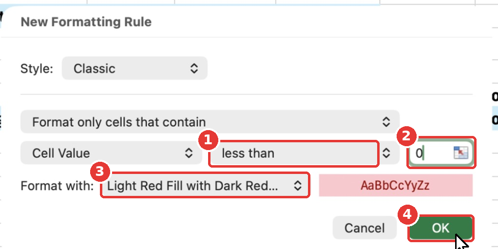 The New Formatting Rule dialog set to format cells with a value less than 0 using a light red fill with dark red text.