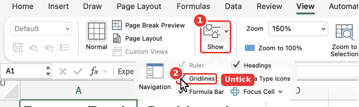 The View tab with the Show menu open and the Gridlines option.
