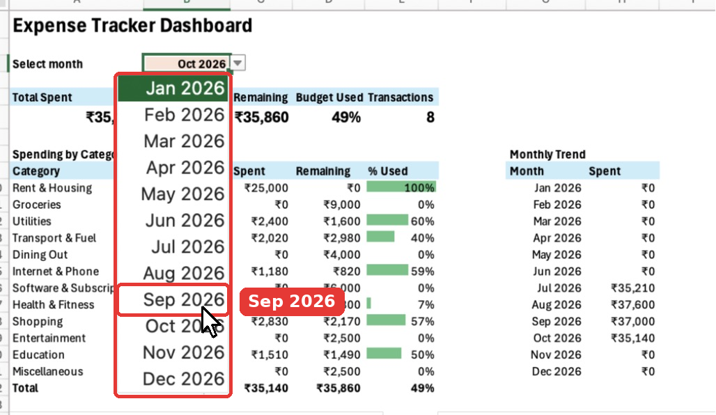 The month selector dropdown in cell B3 listing January to December 2026.