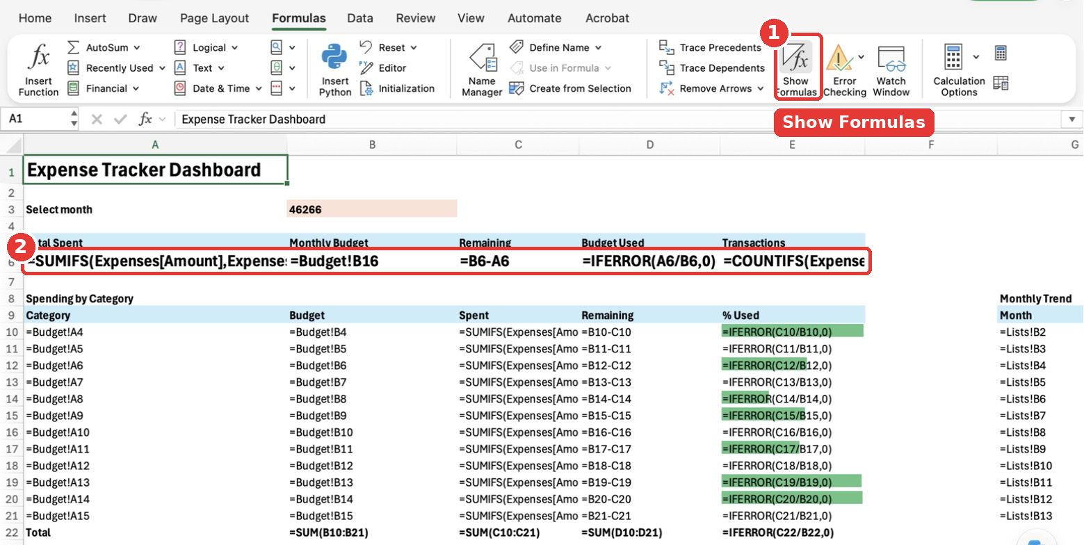 The dashboard in Show Formulas view, displaying the formulas in every cell instead of the results.